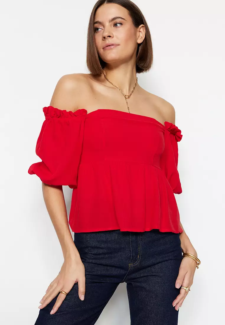 Red blouse off shoulder sale