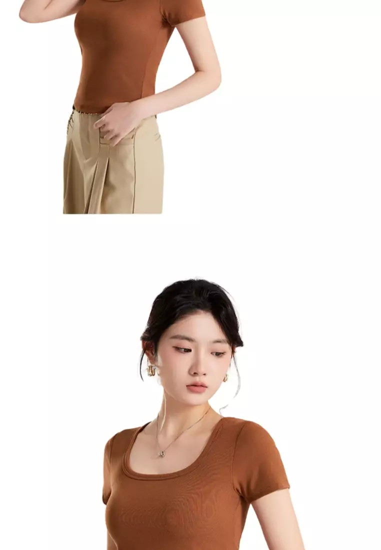 Irregular Hem Short-Sleeved T-Shirt with Chest Pad