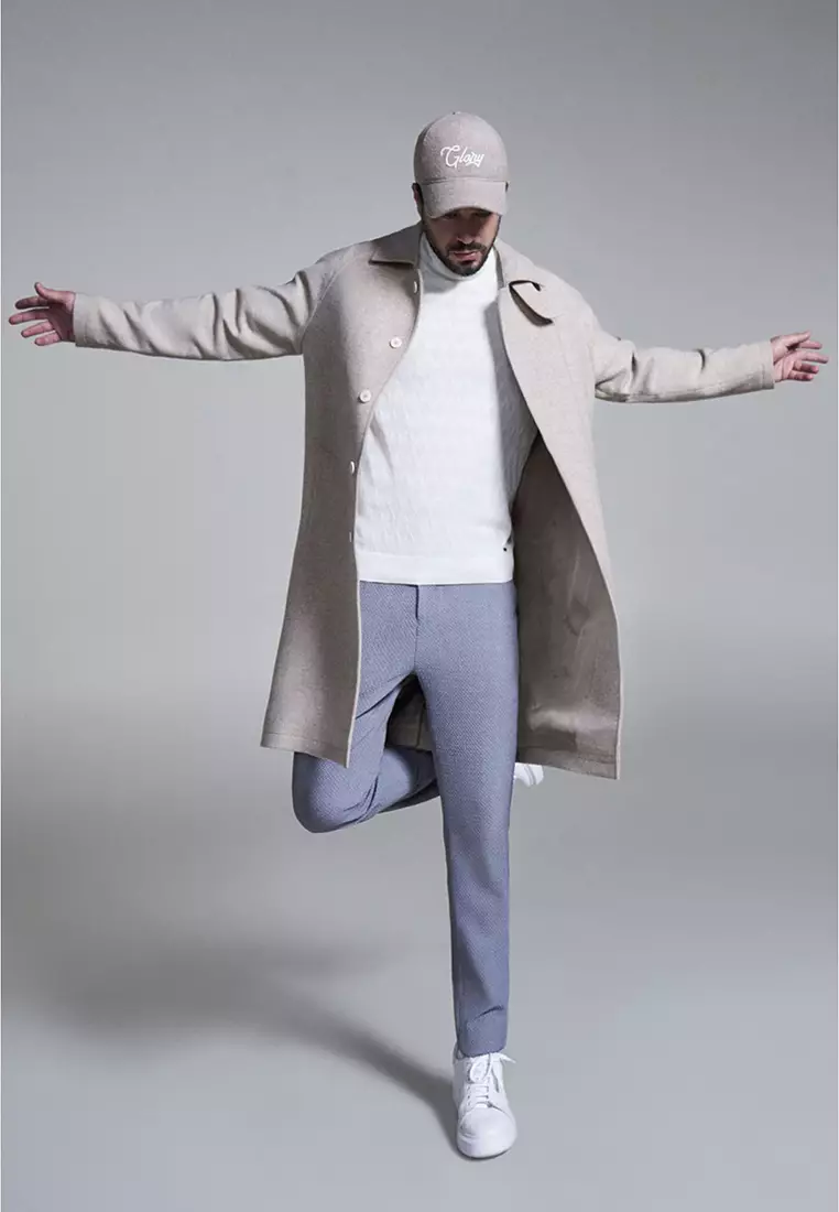 Men's Beige Wool Hidden Placket Raglan Sleeve Long Cashmere Coat A32Y6102