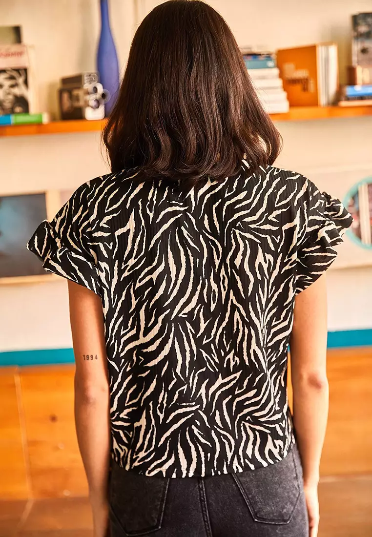 Black Zebra Sleeve Frilly Camisole T-Shirt