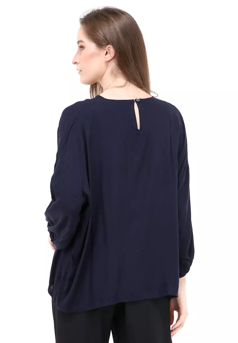 Jennifer Blouse Long Sleeves Wanita Motif Polos Atasan Casual - Navy
