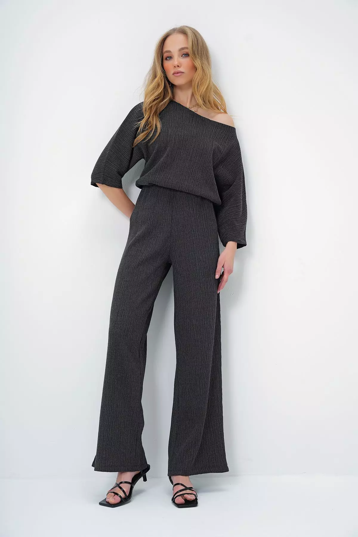 Women's Anthracite Boat Neck Bat Sleeve Casual Blouse and Palazzo Trousers Crepe Set