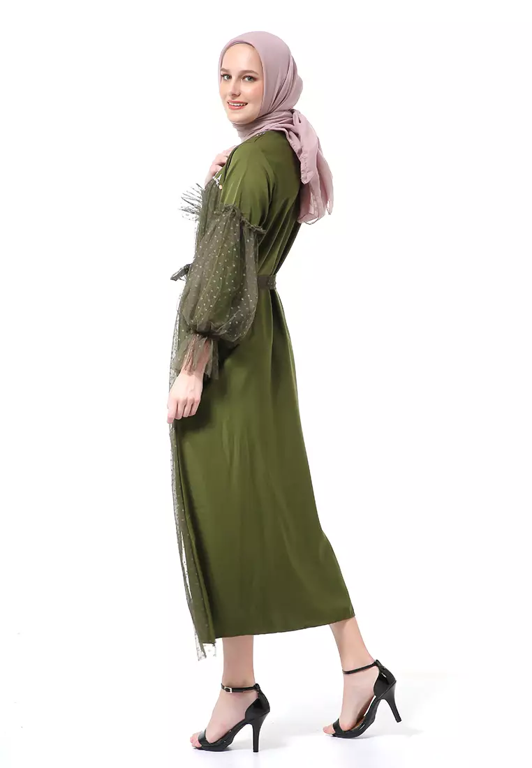 Varsha Dress Wanita Long Sleeve Motif Polos Polkadot High Quality - Army