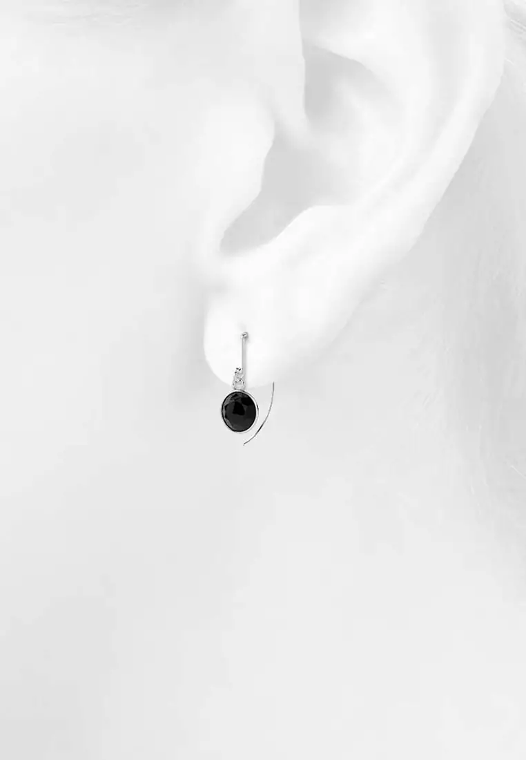 Bezel Cz Drop Earrings 9mm-Silver/Black