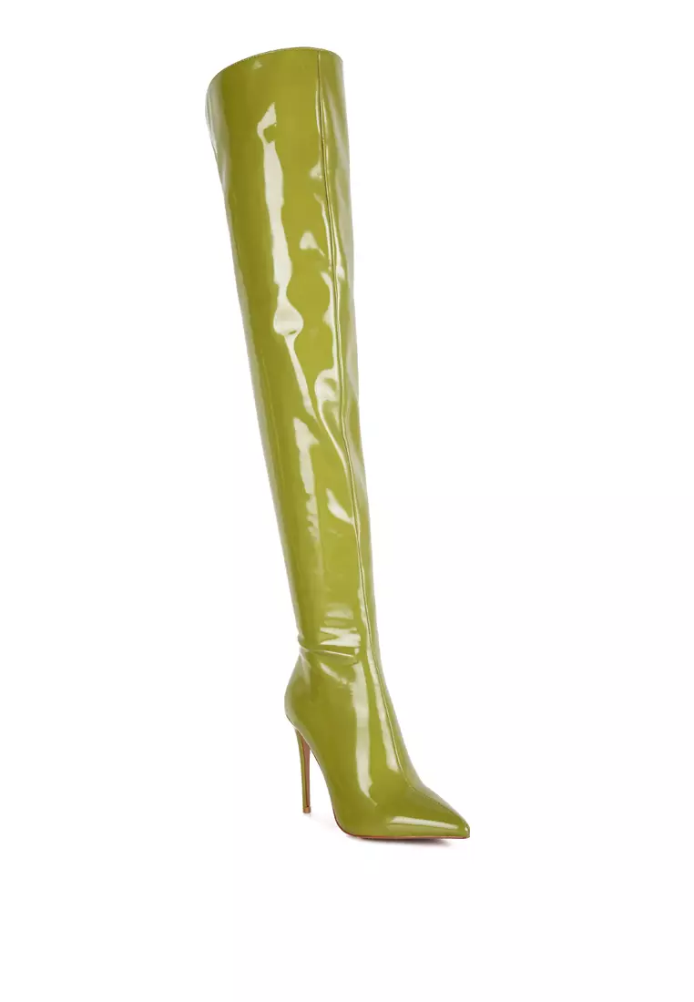 Buy London Rag Neon Green Patent PU Long Stiletto Boots Online