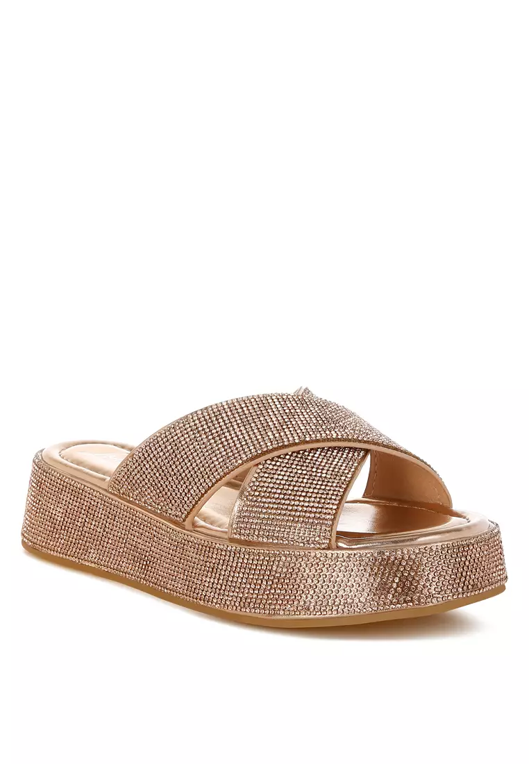 Rhinestone Embellished Flatforms In Rose Gold