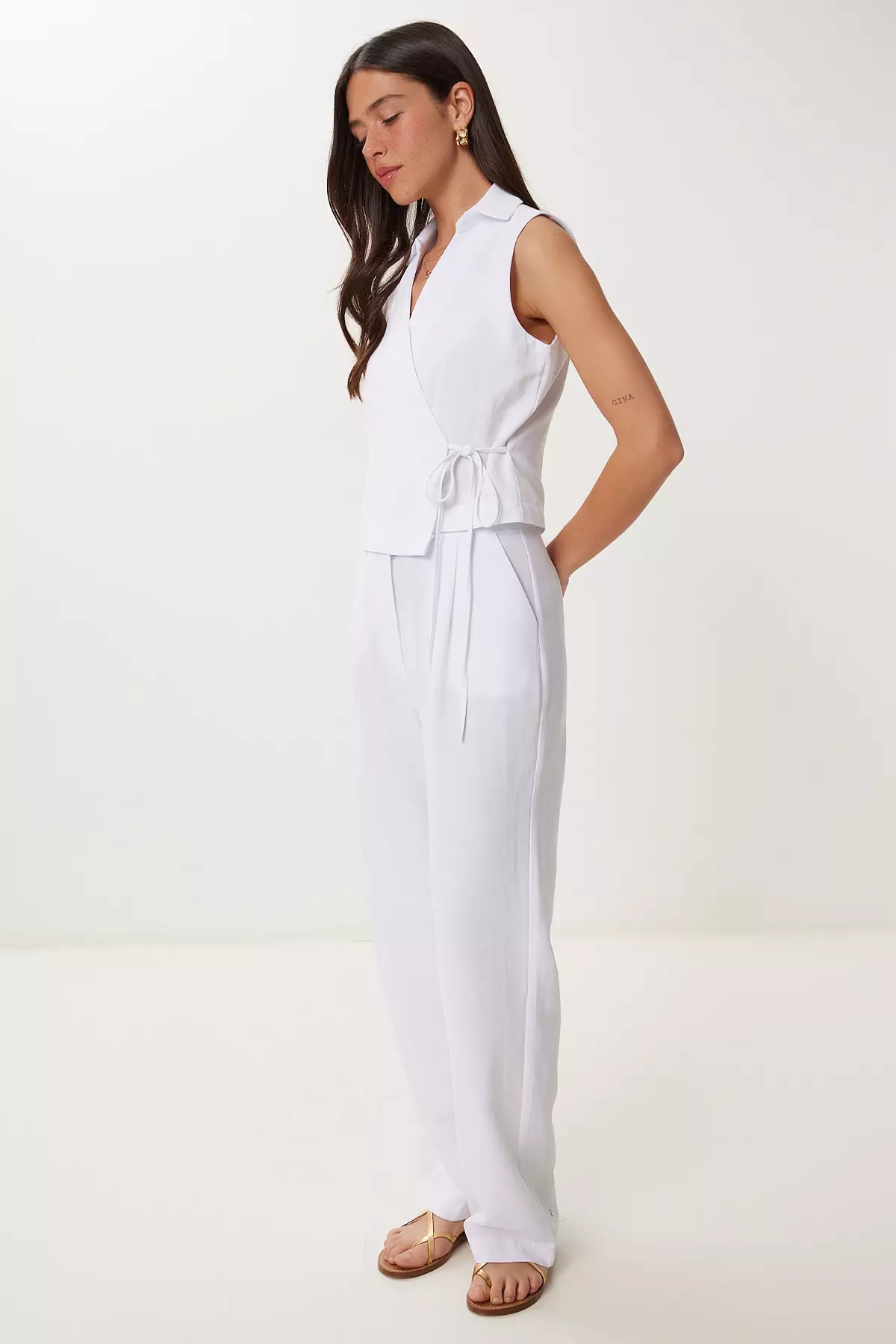女士白色亞麻西裝連身褲套裝 Bv00127