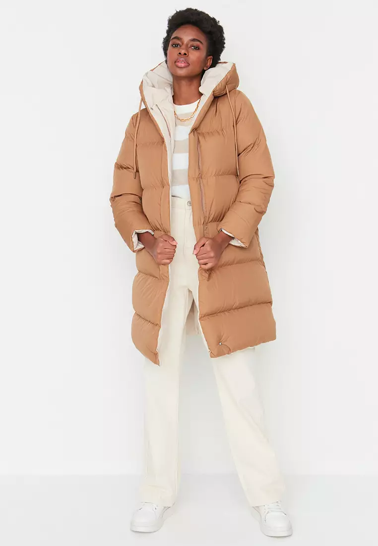 Brown-Ecru Double Sided Hooded Water Repellent Long Puffer Jacket TWOAW23MO00052