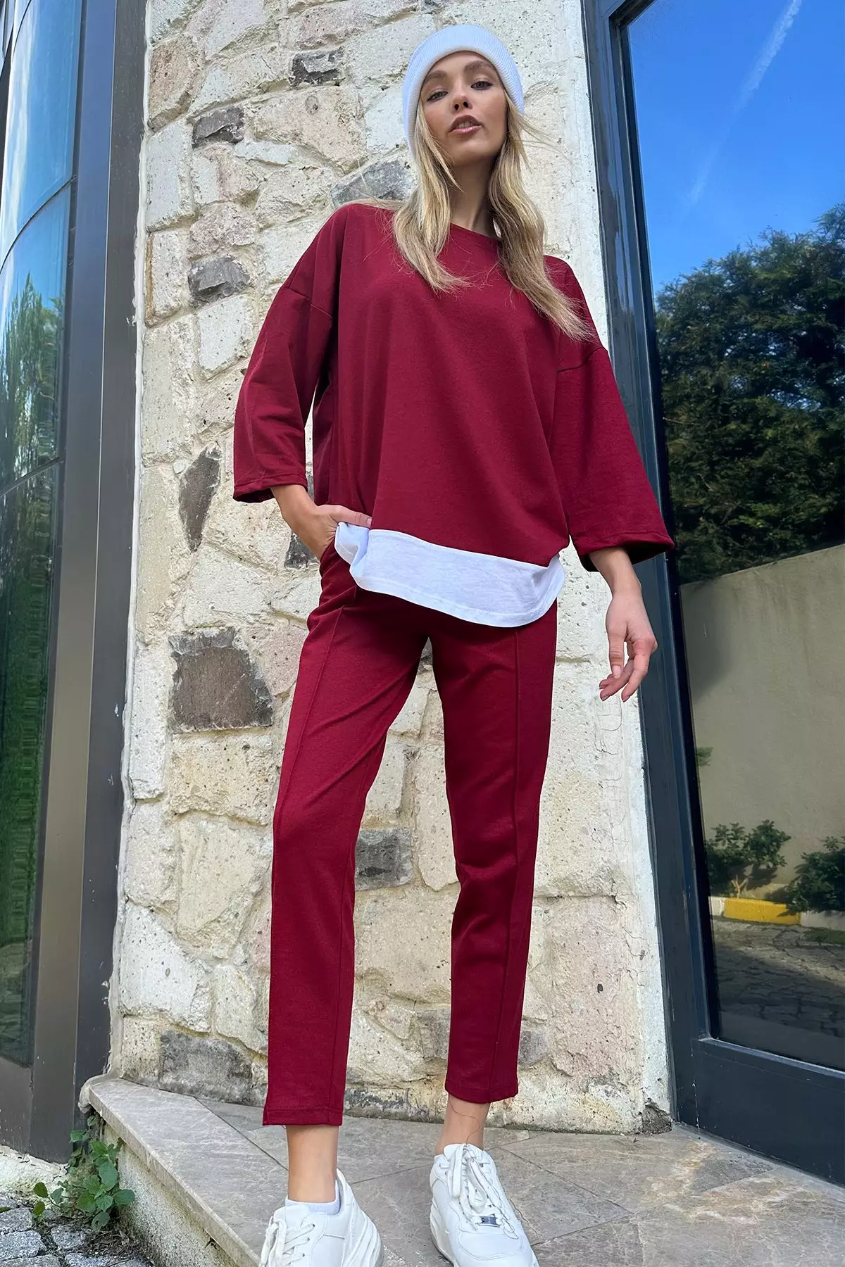 Women's Burgundy Crew Neck Garnished Blouse & Double Pocket Ribbed Stitched Trousers Set
