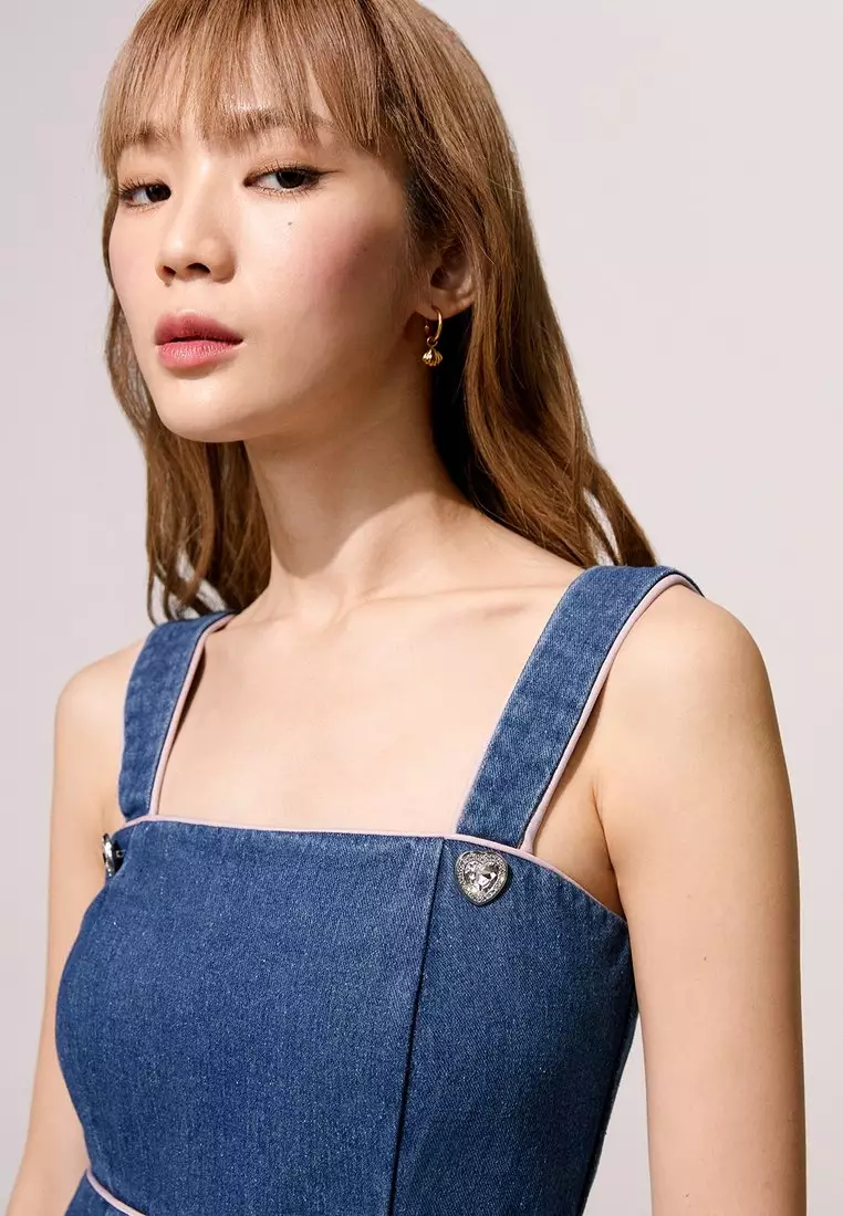 Heart-Shaped Button Detail Denim Mini Dress - Blue
