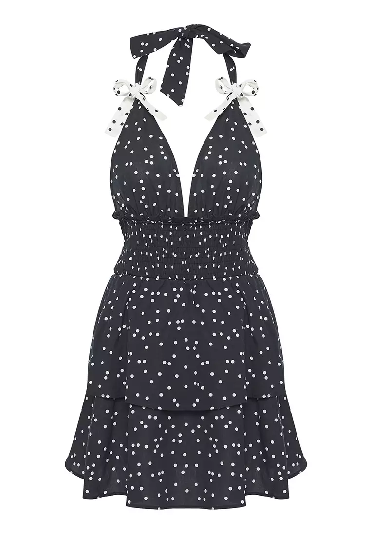 Polka Dot Woven Ribbon Detailed Midi 100% Cotton Beach Dress TBESS25EL00131