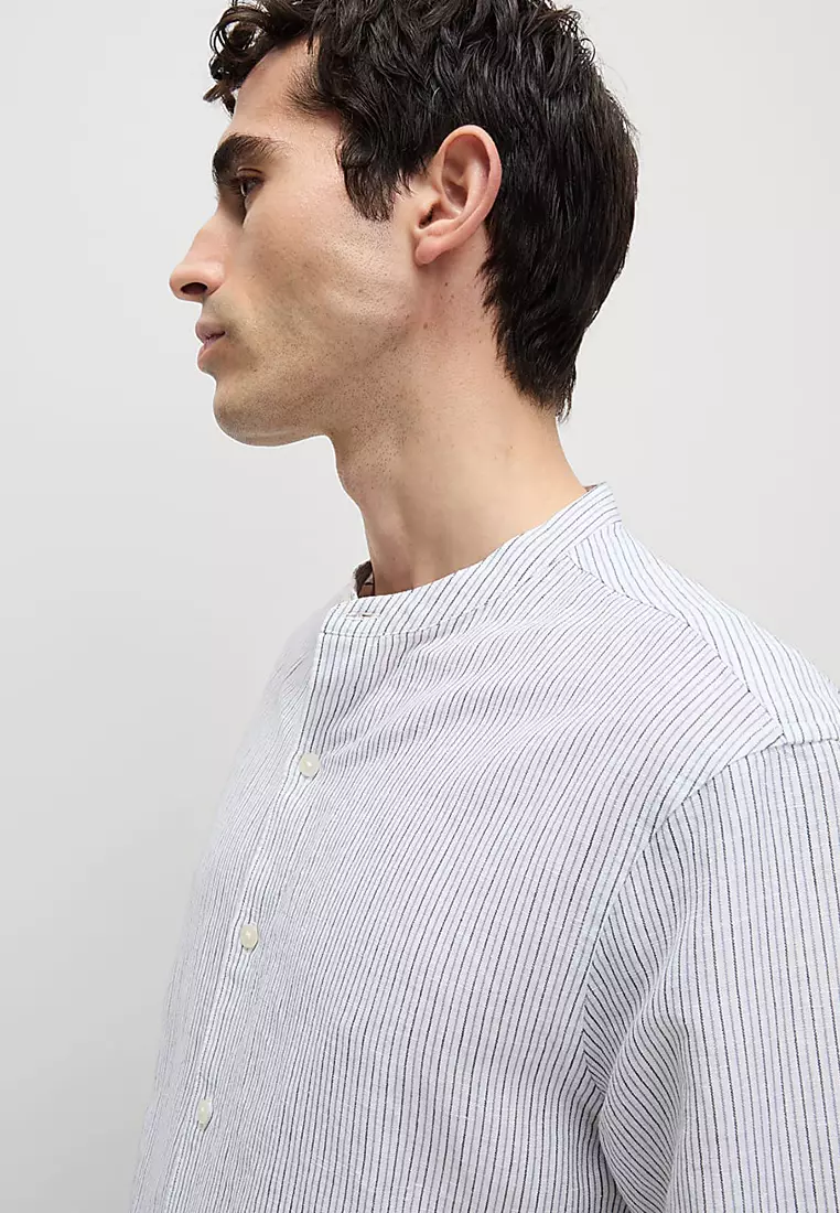 Cotton Linen Blend Striped Grandad Collar Shirt