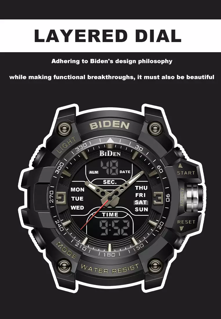 BIDEN Jam Tangan Pria Militer Tali Silikon Analog&Digital Display Jam Tangan Cowok BlackWhite
