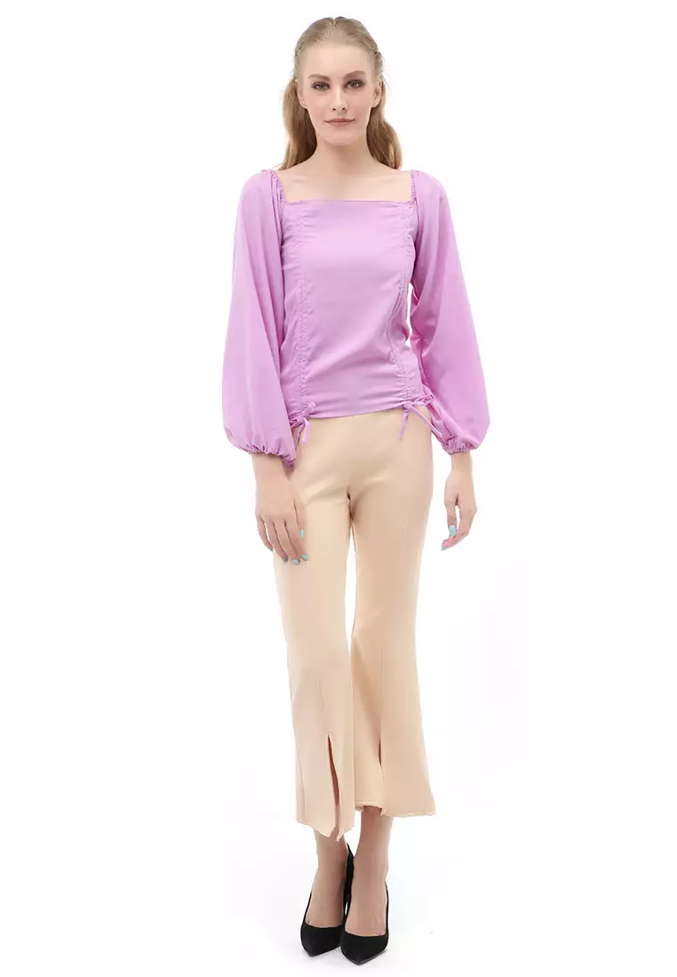 Cheva Blouse Atasan Wanita Sabrina Tali Lengan Panjang Casual Top Long Sleeve Comfortable Material Wolfis ORIGINAL - Light Purple