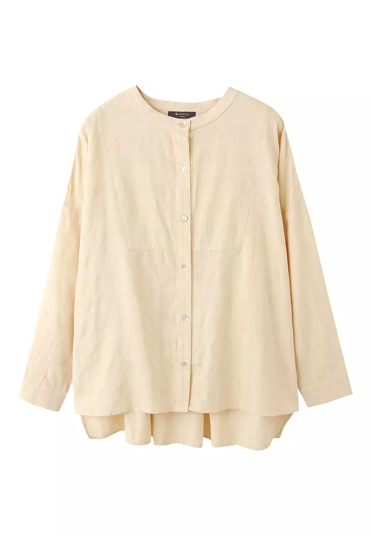 立體織紋中山領前短後長貝殼排扣寬鬆襯衫《AB19254》