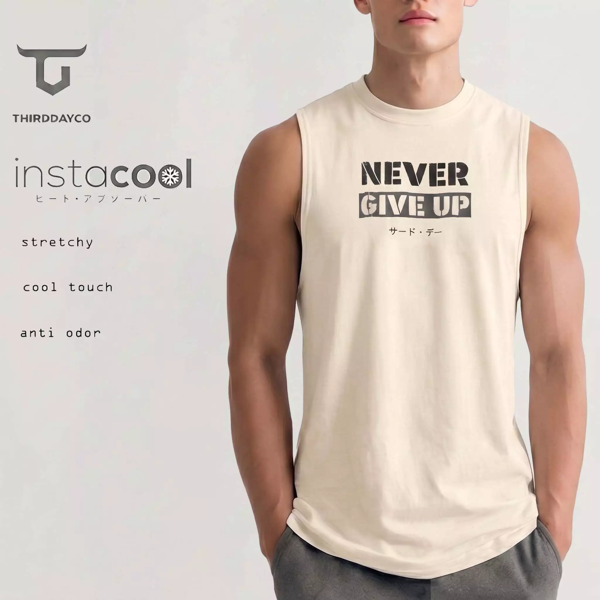 THIRDDAY Kaos Kutung Tank Top Instacool "never give up" cream MUA52