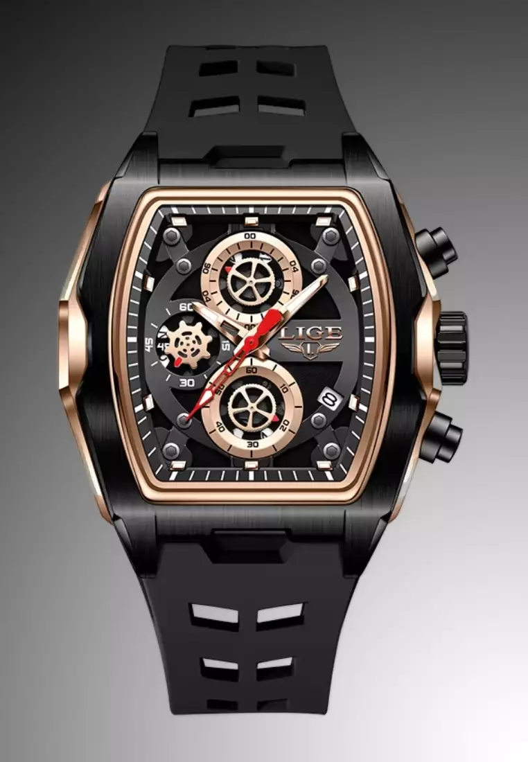 Unisex Chronograph Tonneau Shaped Plastic and Metal Alloy Quartz Watch, Rubber Strap