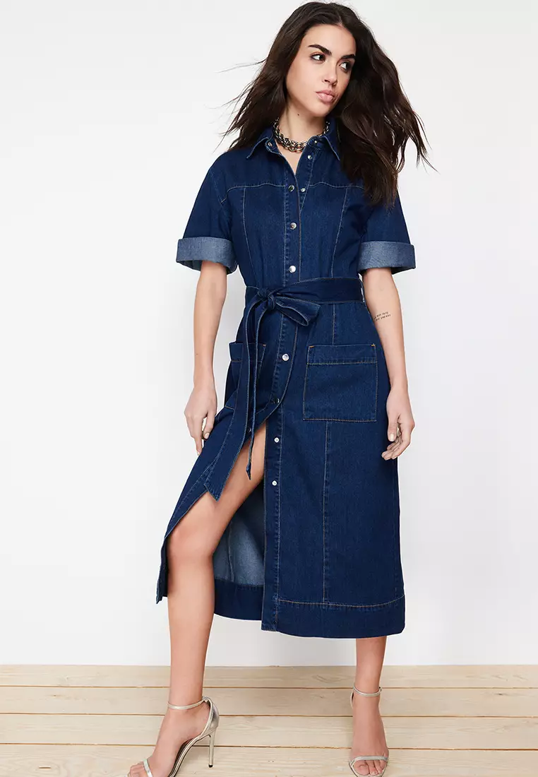 Cotton Denim Midi Shirt Dress