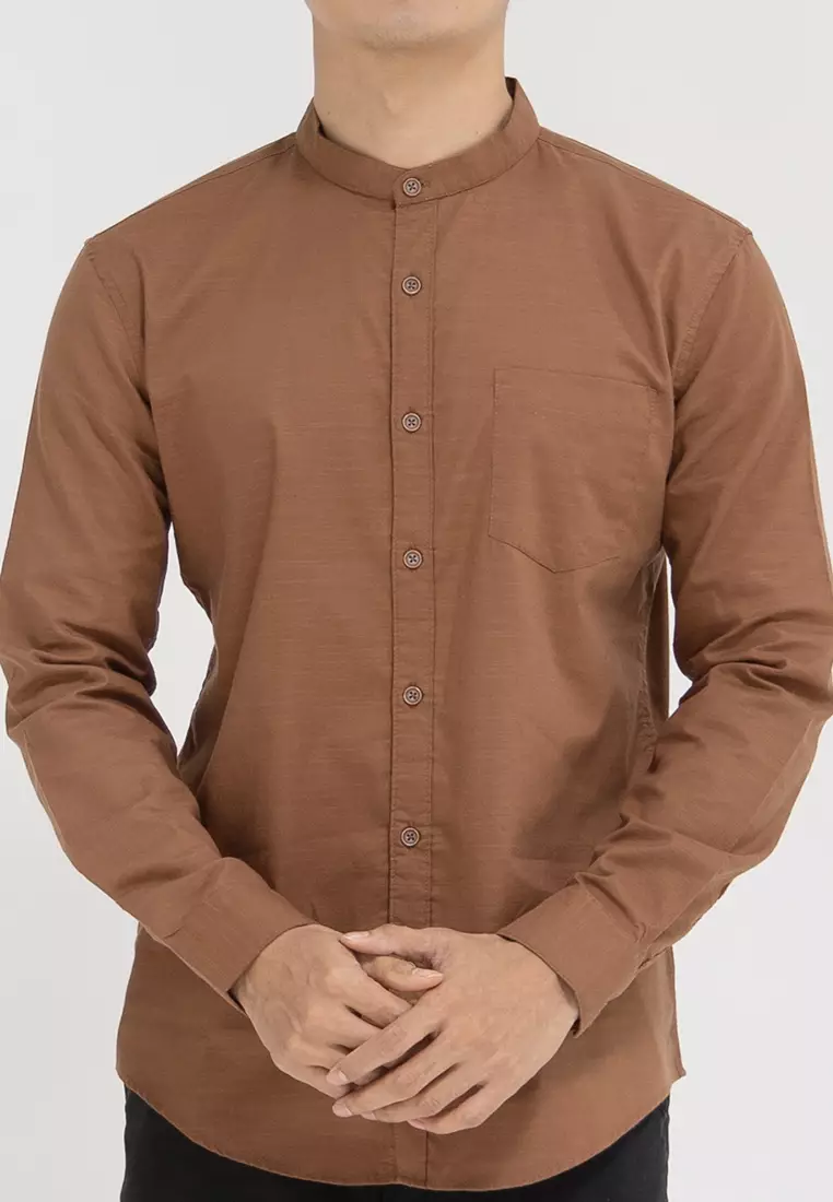 Kemeja collarless koko Slub coklat OXCON walnut brown