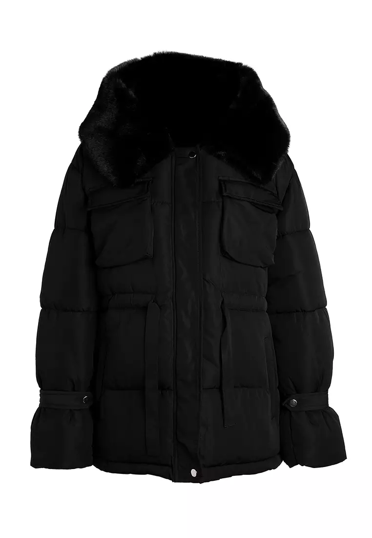 Black Long Puffer Jacket Hoodie