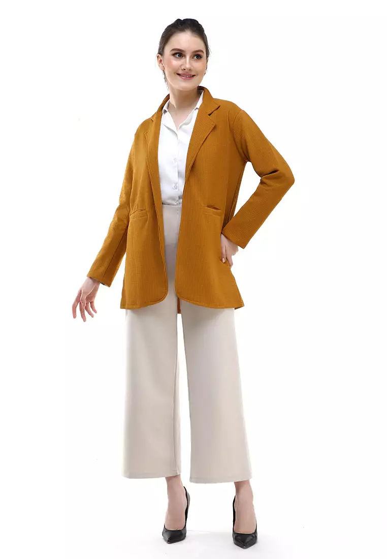 Qemsya Blazer Wanita Two Pockets Two Tone Casual Longsleeve Outer Material Bubbly Strecth ORIGINAL - Mustard