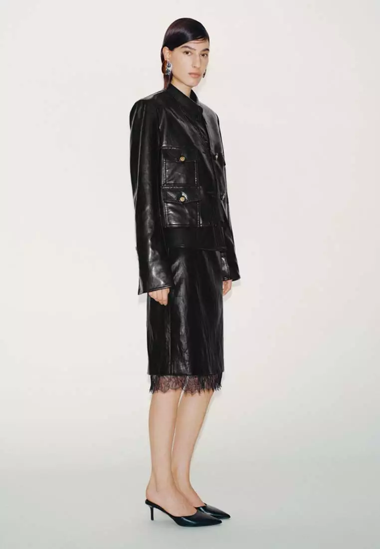 Faux Leather Collarless V-Neck Jackets