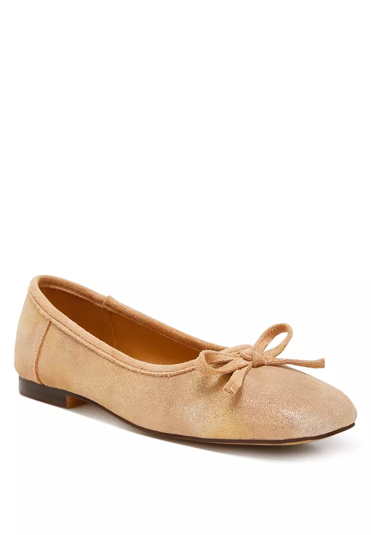 Beige Suede Bow Embellished Ballerinas