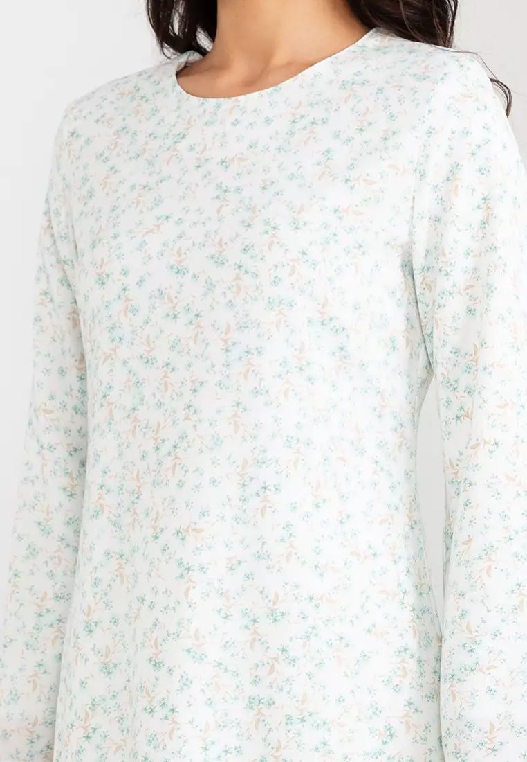 Ditsy Mint Flower Baju Kurung Moden Kipas Belakang