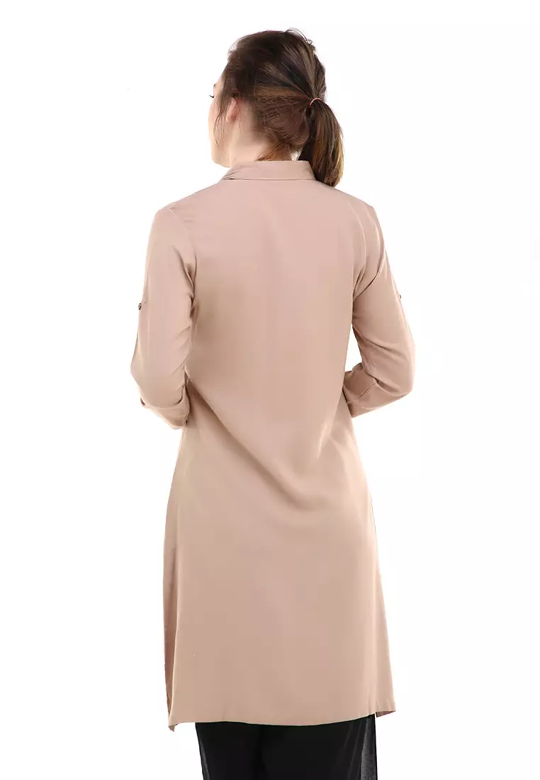 Eleazar Tunik Long Sleeve Motif Solid Design Casual Atasan Wanita Regular Fit - Mocca