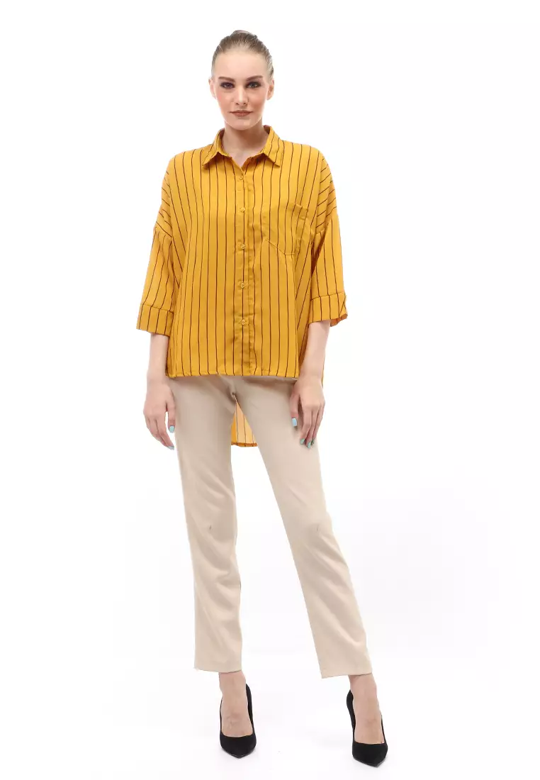 Shirt Salur Lengan Panjang Atasan Wanita Casual Front Button Opening - Mustard
