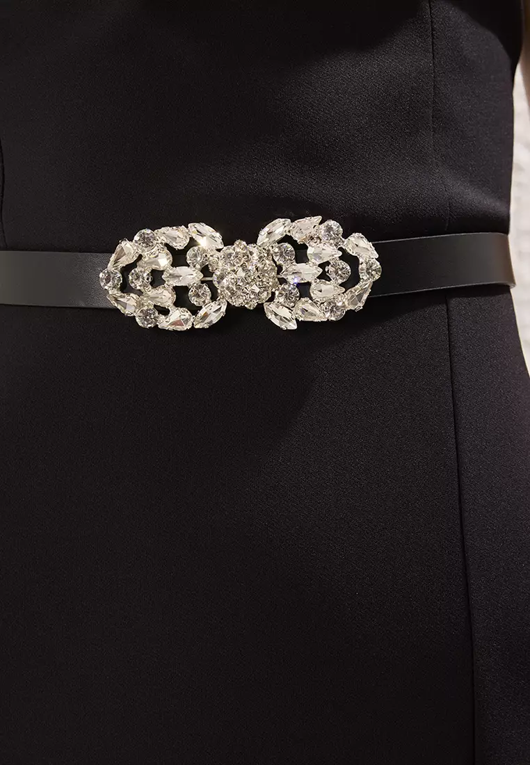 Black Strapless Belted Woven Long Elegant Evening Night Graduation Dress TPRSS25AE00154