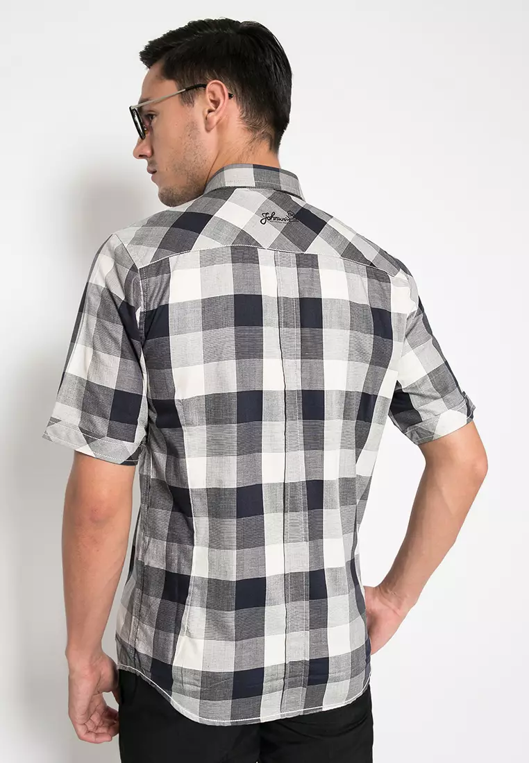 Johnwin Kemeja Casual Kotak-Kotak Hitam Putih Abu-Abu