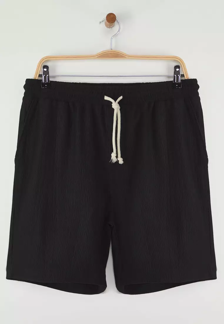 Black Regular Fit Flexible Knitted Textured Crepe Fabric Shorts & Bermudas TMNSS25SR00006