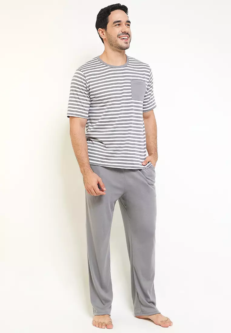 Pyjama Pijama Baju Tidur Short Sleeve Long Pants Berkantong Atasan Dan Bawahan Mens Pria Sleepwear