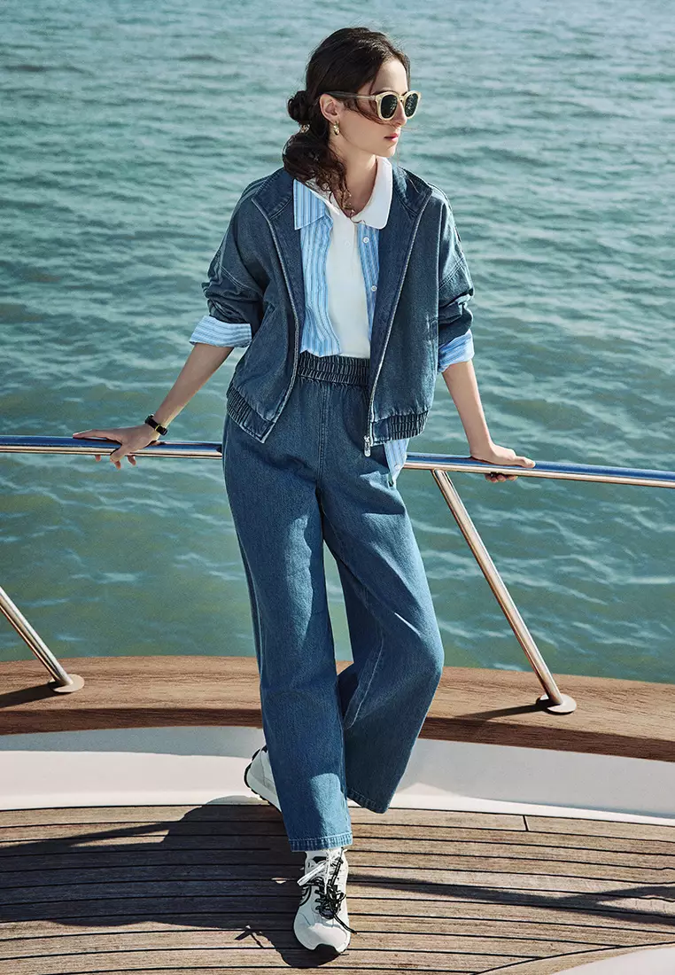 WOMEN'S SIDE STRIPE LOOSE FIT CROPPED DENIM JACKET