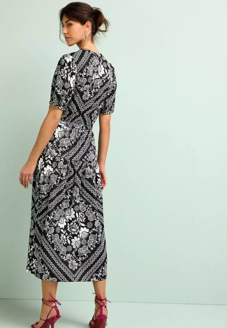 Buy NEXT Linen Blend Button Down Printed Midi Dress in Black 2024