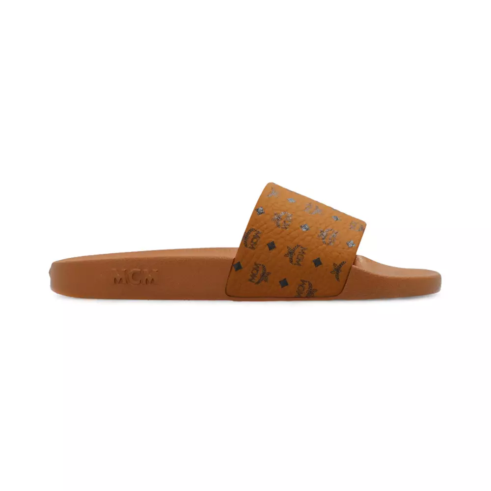 Jual MCM MCM Monogram Pool Slides Rubber with Logo Side Cognac Women ...