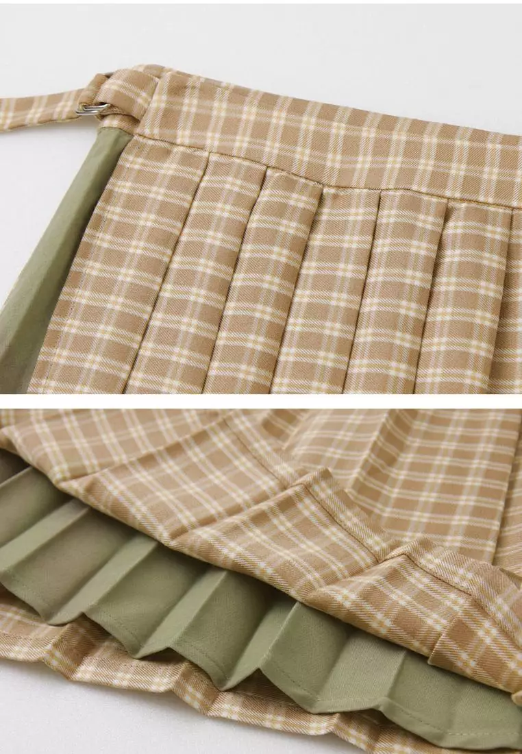 日系格紋收腰綁帶撞色拼接百褶裙《CA2702》