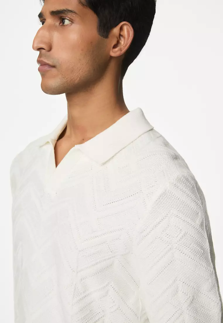 Cotton Rich Open Neck Knitted Polo Shirt