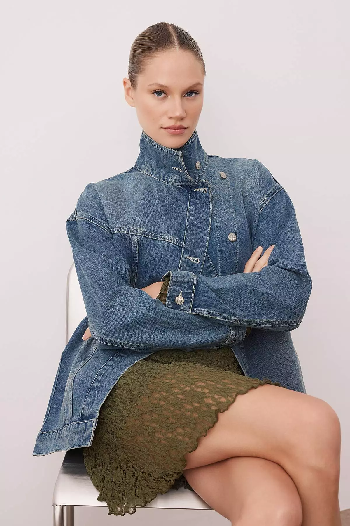 Blue Double Breasted Closure Stand Collar Denim Jacket Twoaw26Ce55