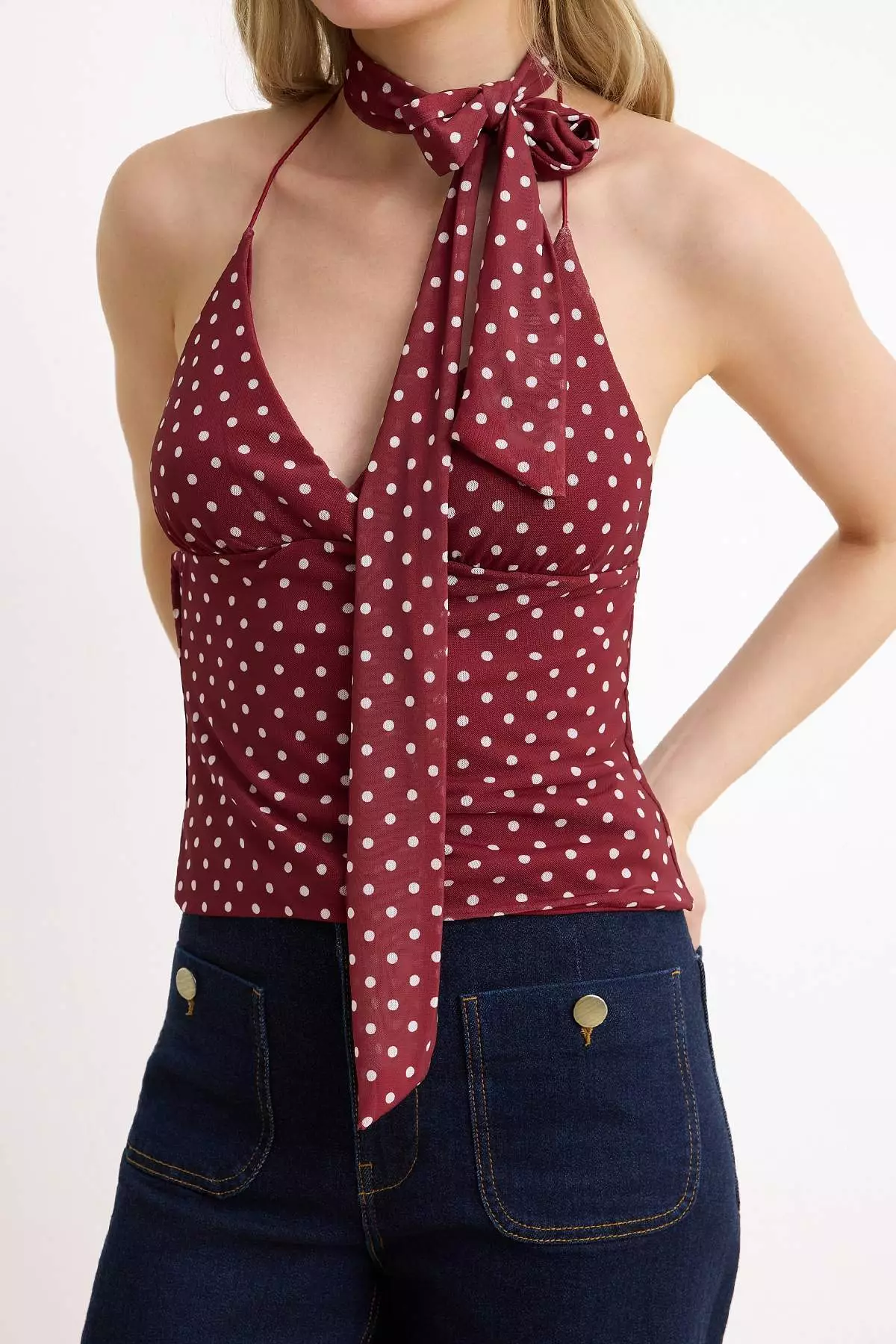Burgundy Polka Dot Fitted Halter Neck Tulle Knitted Blouse With Scarf Twoss26Bz488