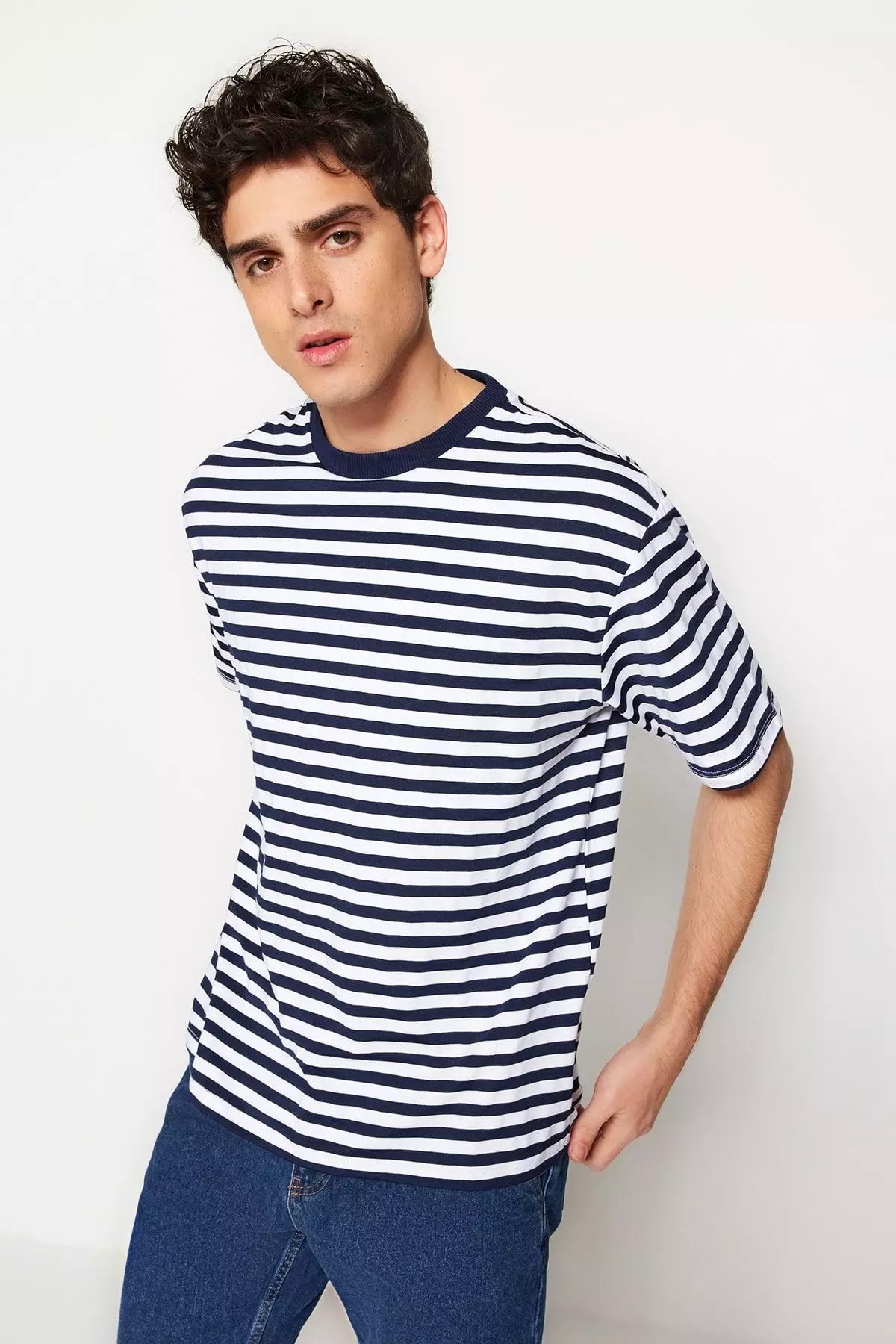 Navy Blue Oversize/Wide Cut Striped Short Sleeve T-Shirt TMNSS20TS0511