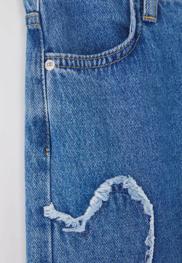 Blue Girl's Wide Leg Heart Pattern 100% Cotton Elastic Denim Pants Tkdaw25Pl0000