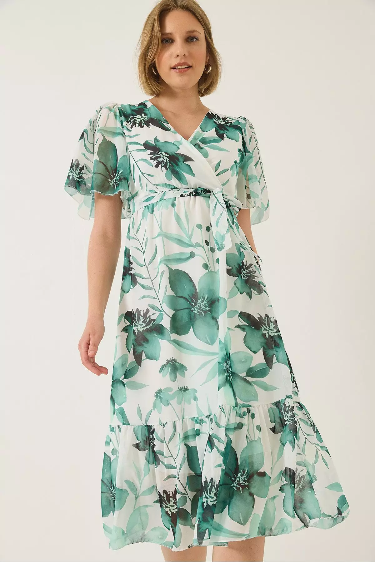 Women's Double Breasted Collar Elastic Waist Belted Lined Patterned Chiffon Dress 60283211