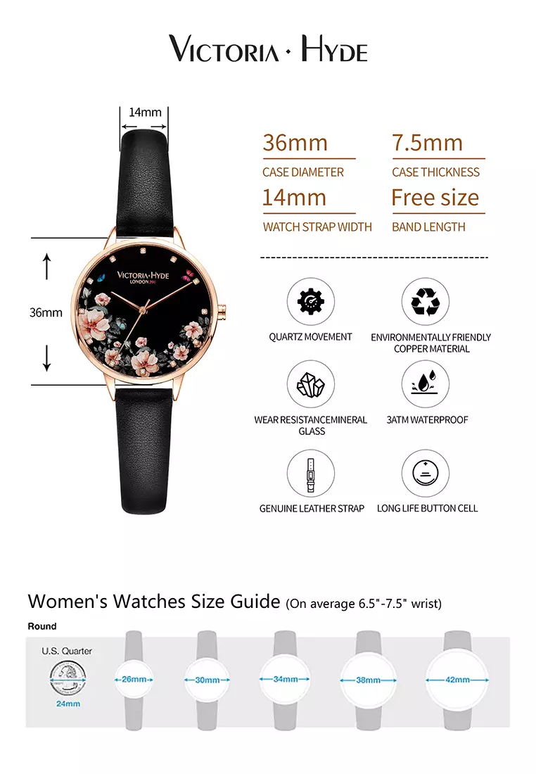 Green Park Flower女士手表 36mm金色金屬表殼 真皮表带-黑色