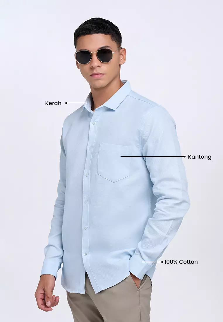 MANZONE - Kemeja Dobby Lengan Panjang Pria Ami 5 Slim Fit - Blue Warna Blue