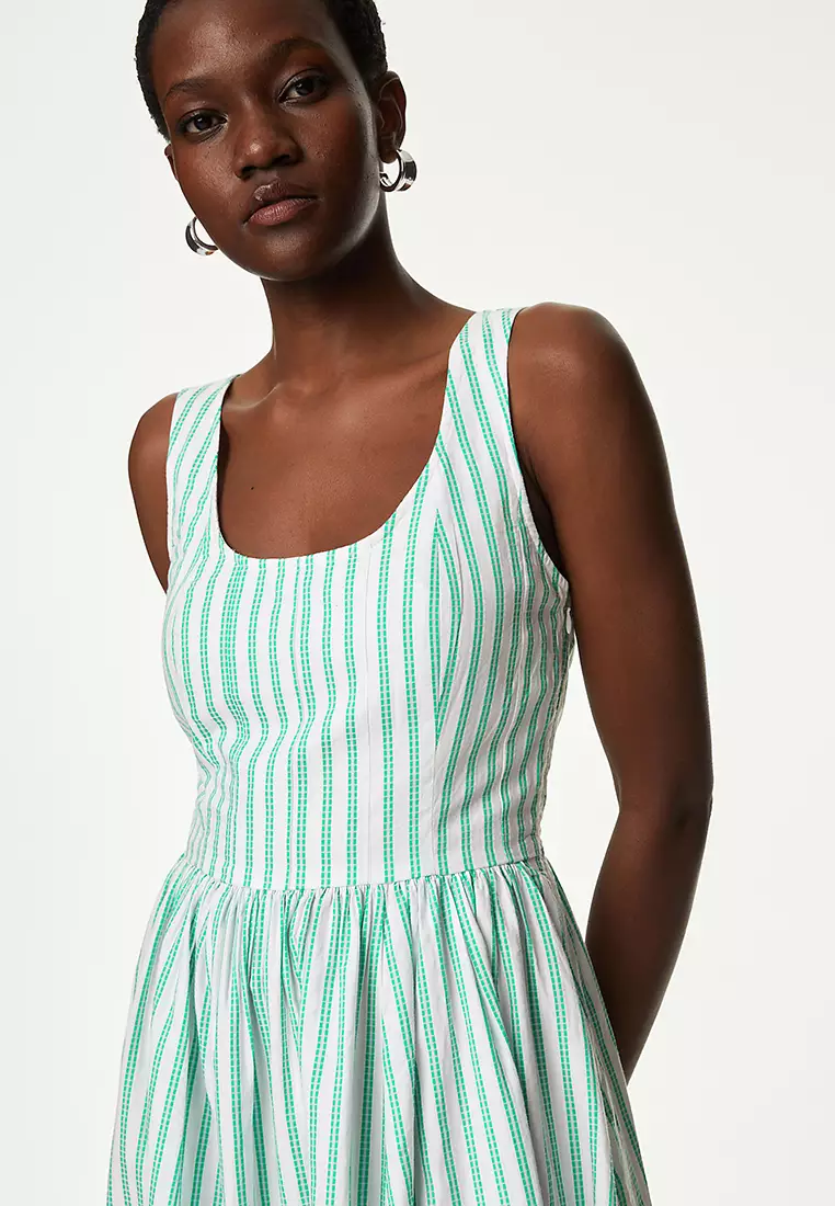 Pure Cotton Striped Midi Waisted Cami Dress
