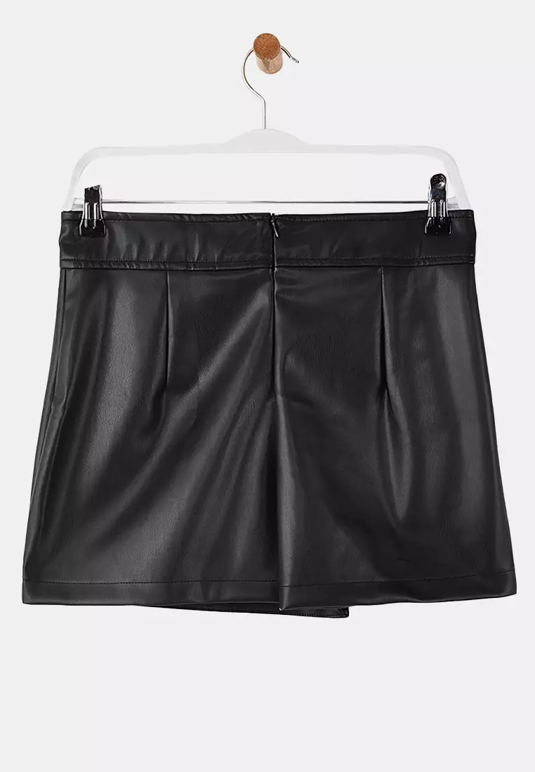 Black Faux Leather Mini Double-Breasted Short Skirt Twoss26Sr12