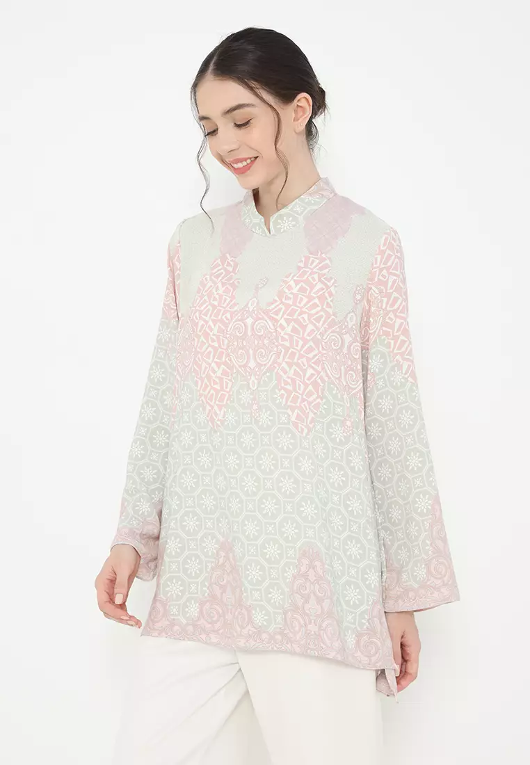 Blouse White Paisley Etnik Pastel Sanghai Neck Arlette By Brilliant Girl Warna Putih