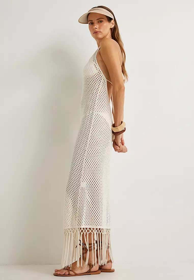 Crochet Halter Collar Tasseled Beach Dress
